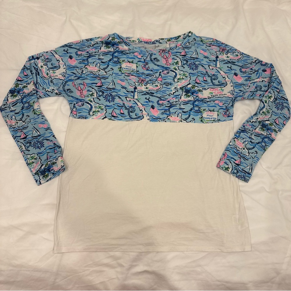 Lilly Pulitzer Cape Cod Nautical Map Colorblock Long Sleeve Tee Size S Costal
